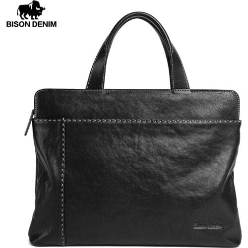BISON DENIM fashion luxury genuine leather men bag handbags business men briefcase shoulder bags laptop bag