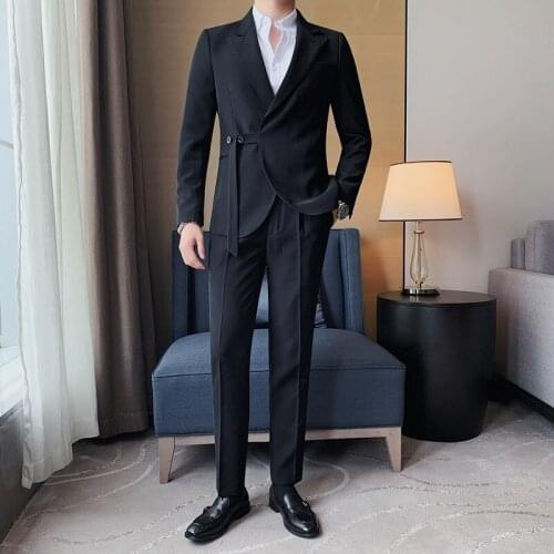 2Pieces Fashion Belt Design Suit Men Clothing Simple Back Mid Spilt Slim Fit Casual Wedding Dress Jacket+Pants Hot