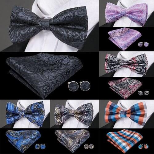 Barry.Wang Silk Bowtie for Men Black Butterfly Tie Paisley Bow Set Handkerchief Cufflinks Pre-Tied Bowtie for Wedding Business