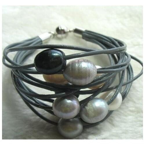 New Arrival Favorite Pearl Leatehr Bracelet Bigger 15 Rows Mixes Real Freshwater Magnet Clasp Fine Jewelry Charming Lady Gift