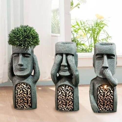 Drop Shipping No See/Hear/Speak Evil Garden Easter Island Statue Flower Pot with LED Light Sculpture Planter Outdoor Yard Patio