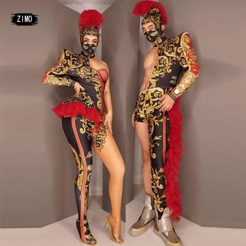 Red Print 2 item jumpsuit and headdress party club sexy Women man drag queen Performance Costumes Stage Dance Jumpsuits designer