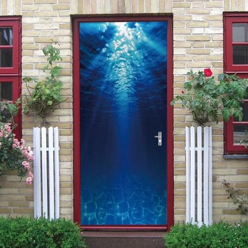 Blue Calm Feeling Door Sticker Home Decoration Water Light Bedroom Living Room Bathroom Decor Door Decal Wall Art Waterproof