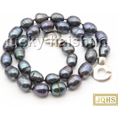 Genuine baroque 17" 14mm peacock black rice oval pearls necklace 925s clasp c65