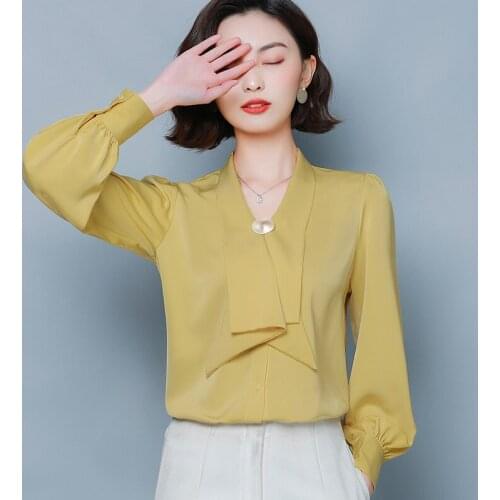 Vintage Women Chiffon Blouses Women Shirts Elegant Vogue V Neck Shirt Plus Size Tops Blusas Mujer Office Lady Satin Blouse Tops