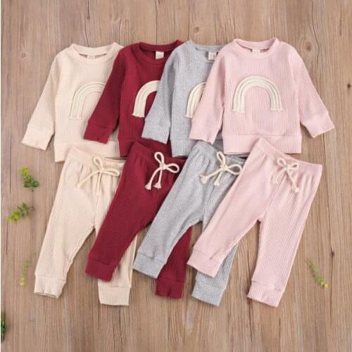 Spring Autumn Baby Girls Boys Clothes Sets Rainbow Print Long Sleeve Pullover Tops Pants Knit Baby Clothes Set 2pcs