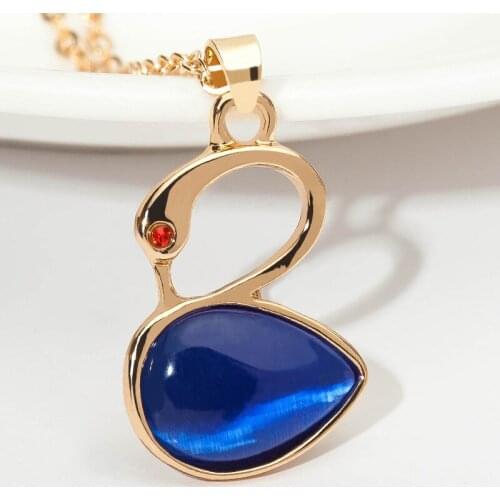 Green Blue Pink Drip Opal Stone Body Lovely Swan Pendant Golden Necklace for Women around 48 cm