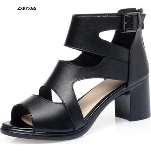 Hot 2020 New Fish Mouth Genuine Leather Sandals Summer Shoes Women Sandal Shoes Non-slip High Heeled Sandals Women Black Shoes