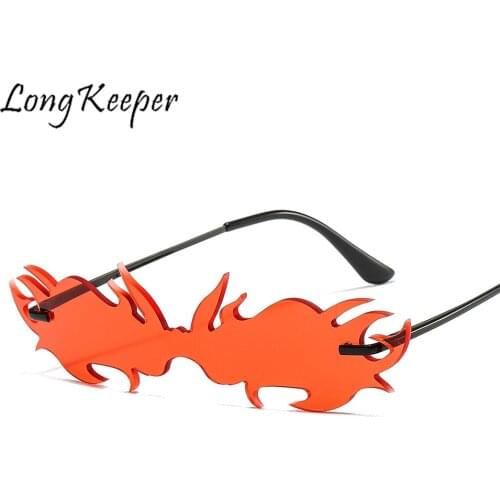LongKeeper Fashion Rimless Sunglasses Women Irregular Fire Flame Steampunk Sun Glasses Metal Frame Streetwear Eyewear Oculos