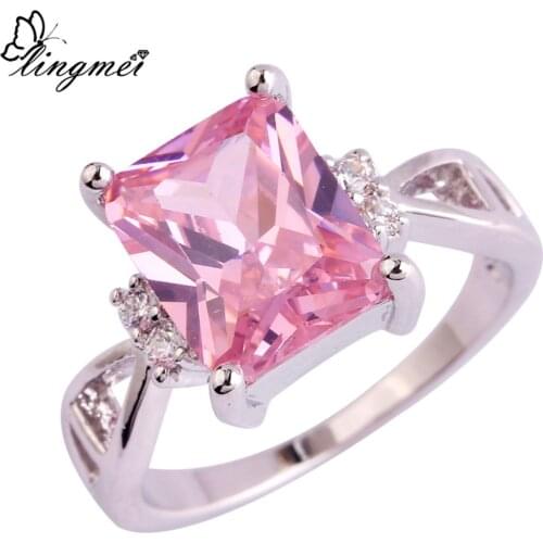 Lingmei $0.99 Promotion Wholesale Exquisite Blue & Pink & White CZ Silver Color Ring Size 6 7 8 9 10 11 Wonderful Women Jewelry