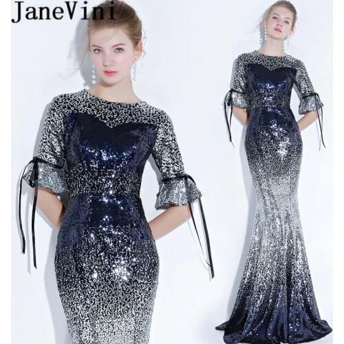 JaneVini Navy Blue Sequins Mother Of Bride Wedding Party Dress Half Sleeves Gradient Mermaid Long Evening Dresses 2019 Formal