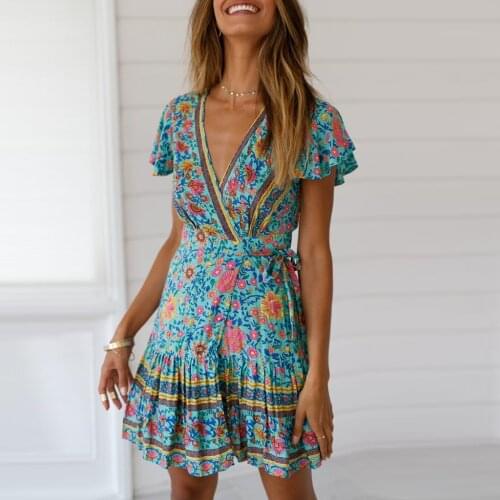 Women Short Sleeve Vintage Ruffle Floral Wrap Boho Dress Ladies V Neck Split Party Dress Summer A Line Beach Sundress