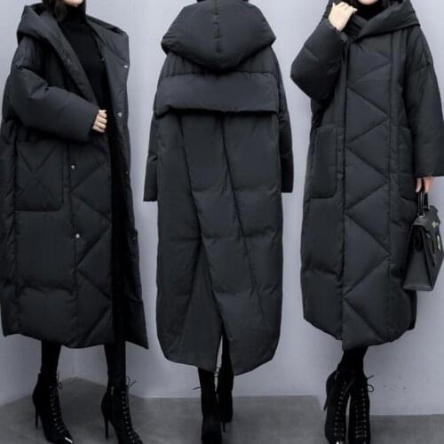 Winter New Female Down Padded Coat Thickened Large Size Loose Mid-length Over The Knee Fashion Split Black Imitation Clothing