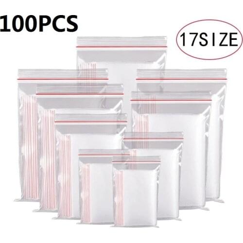 100Pcs Resealable Plastic Zip Lock Bags 17 Size Food Storage Reclosable Vacuum Fresh Organize Bag Clear PE Zip lock Bag