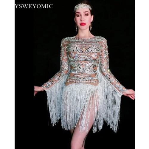 Sparkly Silver Fringes Rhinestones Bodysuit Stage Show Wear Women Birthday Prom Party Outfit Bar Singer Dancer Dance Costume