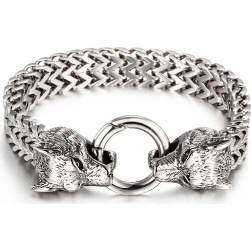 Rock Viking Wolf Charm Bracelet Mens Stainless Steel 20.5cm 22.5cm Mesh Chain Gold Wolf Punk Bracelets Biker Jewelry