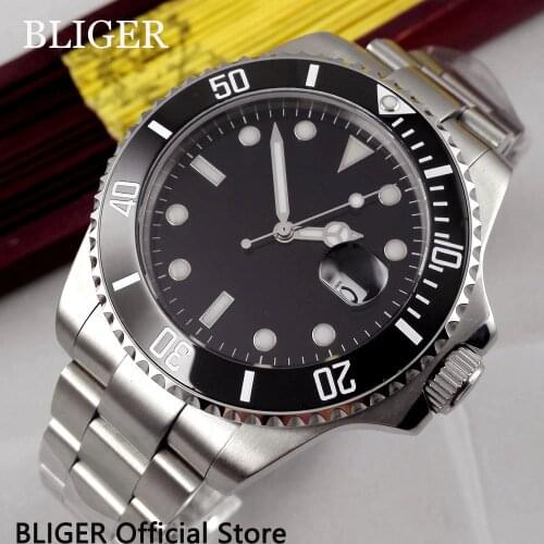 Solid BLIGER 43mm black sterile dial sapphire glass ceramic bezel date magnifier MIYOTA Automatic movement mens watch men B300