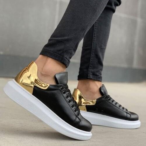 Chekich Unisex Shoes Black and Gold Color Artificial Leather Lace Up Spring Autumn Seasons Casual Sneakers for Men and Women Comfortable Fashion Wedding Orthopedic Sport Comfort Lightweight Breathable Odorless CH259 V5