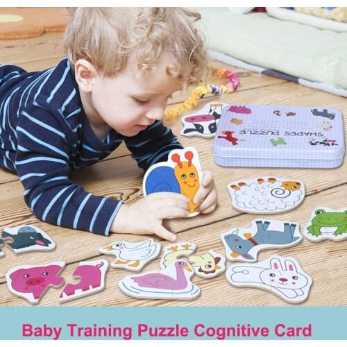 Baby 3D Wooden Toys Cognitive Puzzle Card with Iron Box Infant Early Head Start Training Puzzle Vehicle/Fruit/Animal Set Gifts
