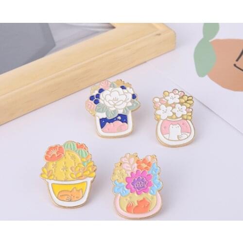 Cartoon Cute Animals Cats Colored Enamel Brooches Plants Flowers Potted Plants Alloy Pins Badges Women Jewelry Gifts For Friends
