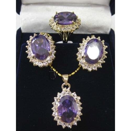 Faceted Russican Amethyst pendant necklace earrings ring set jade Crystal Jewelry