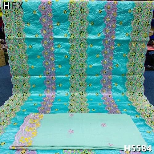 HFX 2021 New Arrived 5+2 Yards Bazin Brode Lace 100% Cotton Embroidered Lace Fabric African With Scarf For Party Dress X5584
