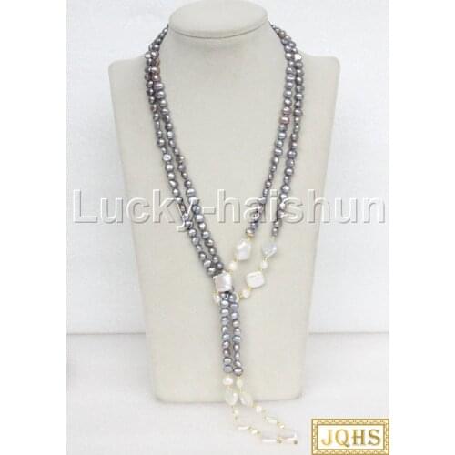 JQHS Long 54" 8mm Baroque gray white freshwater pearls Beaded Strand necklace j11659