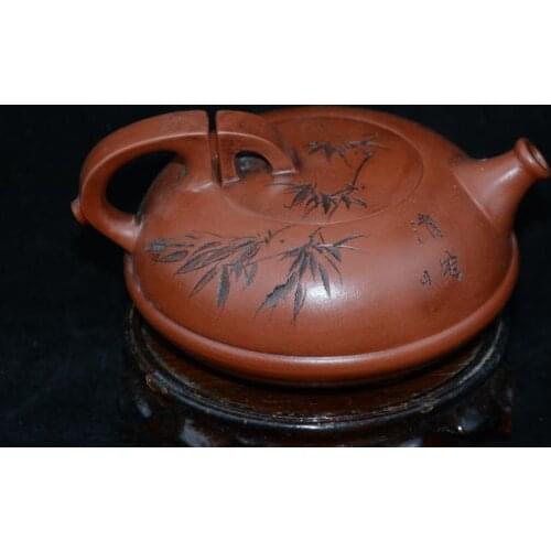 Old Qing Dynasty ZiSha Pottery Tea Pot,bamboo, with Mark,best collection& adornment, Free shipping