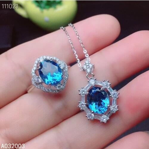 KJJEAXCMY Fine Jewelry 925 sterling silver inlaid natural blue topaz female ring pendant set popular Support detection