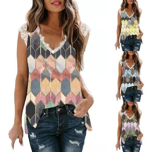 Summer New Fashion Womens T-Shirt Lace Stitching And Split Printing Sleeveless Vest Female Tops for Girls