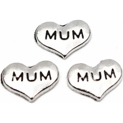 Hot Sale 10pcs/lot Metal Heart MUM Floating Charms For Living Glass Memory Floating Lockets Women Necklace DIY Jewelry