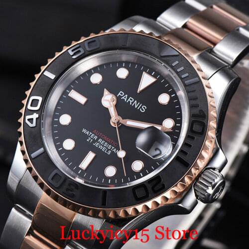 PARNIS Dress Black Dial Gold Plated 41mm Mechanical Mens Watch Auto Date Stainless Steel Bracelet
