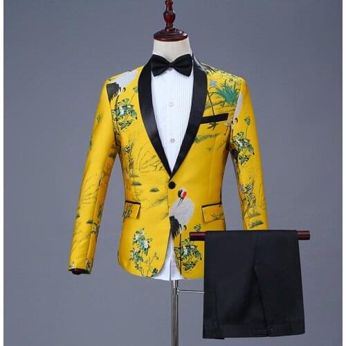 Mens Fashion Shawl Lapel Jacquard Red-crowned Crane Blazer Gold Yellow Party Singers Costume Wedding Groom Suit Jacket DT1487