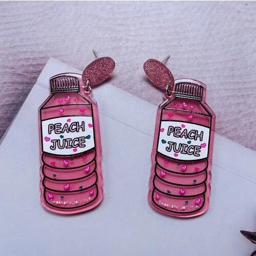 New Funny Acrylic Pink Glitter Juice Bottle Dangle Earrings For Women Girls Water Bottle Cup Drop Earrings Fashion Party Jewelry