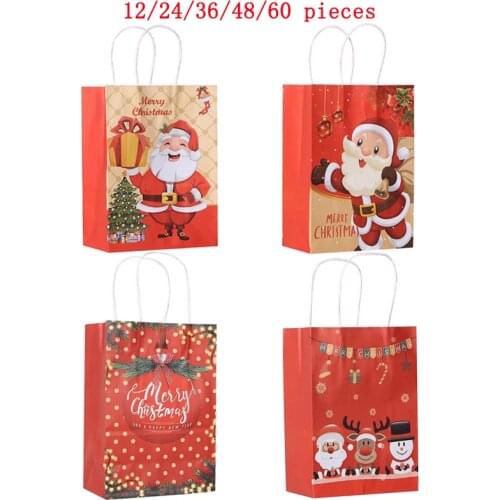 Wholesale 12pcs Christmas Kraft Paper Bag Santa Claus New Year Party Gift Pakcaging Handle Bags Child Favors Snack Gift Boxes