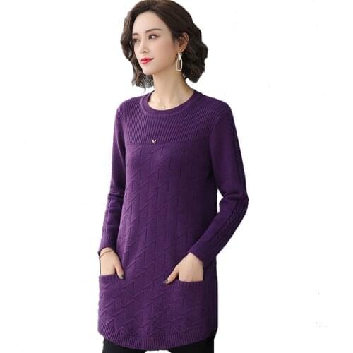 Autumn Winter Women Knit Sweater Pullover Mid-length Solid Long Sleeve Sweater Loose Knit Bottoming Shirt Female Plus Size T326