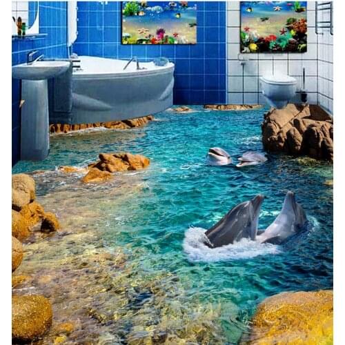 PVC Floor Sticker Painting Murals Modern Custom 3D Floor Mural Dolphin Sea Washroom Bathroom Bedroom 3D Flooring