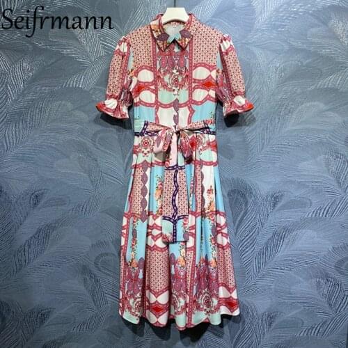 Seifrmann New 2021 Summer Women Fashion Runway Party Midi Dress Flare Sleeve Bow Sashes Vintage Print A-Line Dresses Vestidos