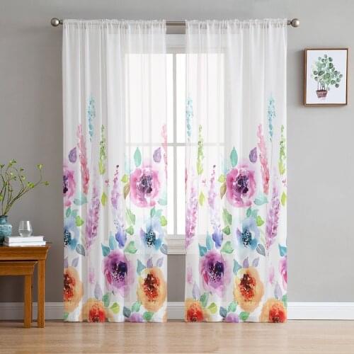 Watercolor Painting Plant Flower Voile Curtains for Living Room Window Treatment Sheer Curtains for Bedroom Kitchen Drapes
