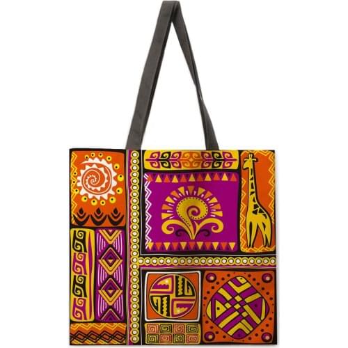 Retro pattern printing tote bag linen fabric casual tote bag foldable shopping bag reusable beach bag lady shoulder bag