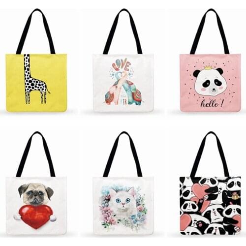 Children Favorite Cartoon Animal Print Tote Bag Women Casual Tote Ladies Shoulder Bag Foldable Shopping Bag Outdoor Beach Bag