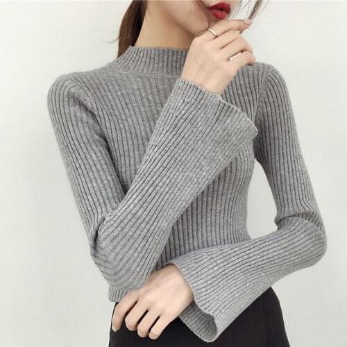 Flare Sleeve Sweater Autumn Winter Women Casual Bell Sleeve Half High Neck Knitwear Pullovers Female Warm Soft Knit Sweater