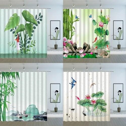 Lotus Floral Shower Curtains Spring Flowers and Plant Bamboo Butterfly Natural Scenery Pattern Bathroom Decor Fabric Curtain Set