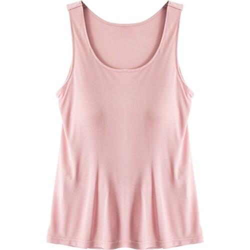 2019 Summer Women Silk Vest with Bra One Piece Anti-stripping Nature Silk Round Collar Underneath Sleepwear Bottoming Homewear