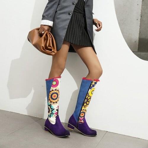 Women Fashion Boots Spring Med Heel Women Shoes Mixed Colors Printing Design Soft Short Boots Party Knee High Boots Women Shoes