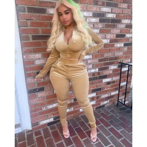 Winter New Velvet Women Two Piece Sweat Suits Set Sexy Zipper Lapel Jackets Top and High Waist Pocket Jogger Pants Set Outfits