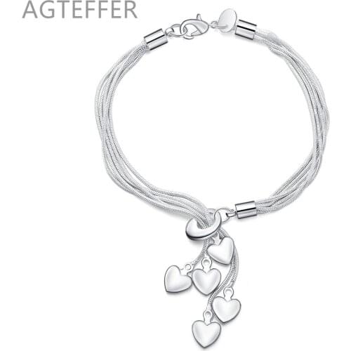 AGTEFFER 925 Sterling Silver Tassel Love Five Heart Snake Chain Bracelet For Women Wedding Engagement Party Jewelry