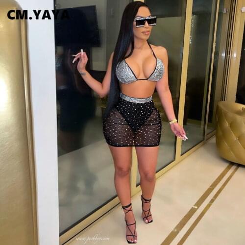 CM.YAYA Women Set Spaghetti Strap Halter Tops Mesh See-through Skinny Elastic Mini Skirts 2 Piece Set Sexy Beachwear Swimsuits
