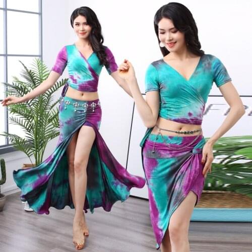 Women Sexy V-Neck Colorful Belly Costume Dance Set Tops+Skirt 2 Pieces Beginners Practice Costumes Ladies Bellydance Suit DL4608