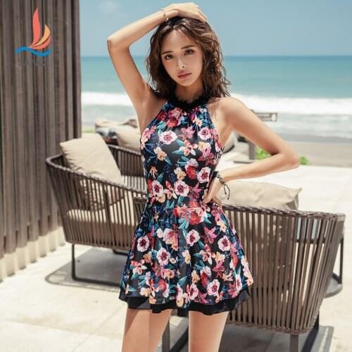SANQi female swimsuit one-piece skirt sexy small chest gathered slimming belly hot spring conservative large size swimwear